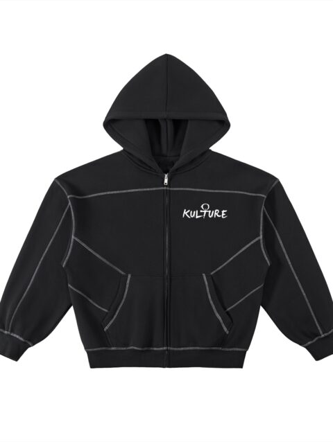 Contrast-Stitched Boxy Fleece Zip Hoodie